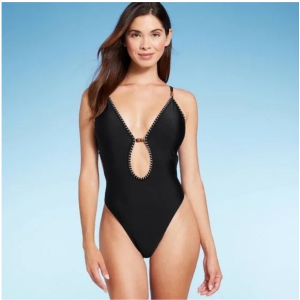 NWT Shade & Shore Black One-Piece Swimsuit with White Trim